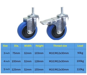 Roulette à usage moyen de tige filetée de 4 pouces 100MM Roulette pivotante bleue en TPR avec double roulement/frein - Product Image 4