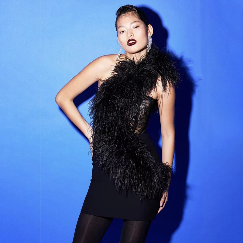 SB2699 Black Sexy Feather Dress Bodycon One Shoulder Mini Dresses New  Luxury Lace Bandage Dress| Alibaba.com