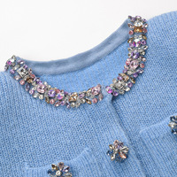 Robe midi ajustée en tricot pour femme, style français élégant, ornée de strass, col rond, manches courtes, volants