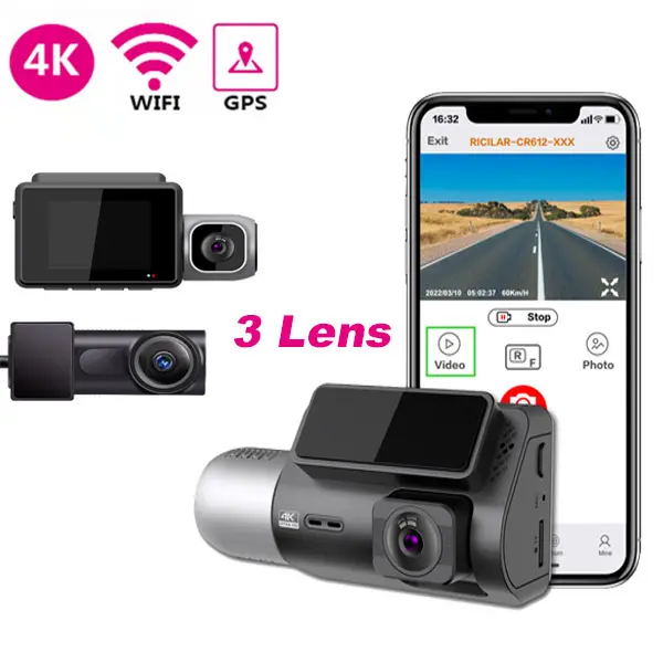 4k dashcam עם wifi gps רכב dvr 3 מצלמה מיני 4k sony מצלמת מקף 3 מול העדשה אחורי בתוך 3 ערוץ דאש מצלמת