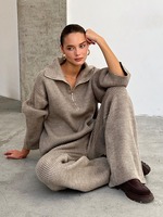 Ensemble 2 pièces tricoté pour femme RO9-15, col semi-zippé, grand revers, en coton doux, manches longues, pantalon ample, tenue décontractée et élégante pour le bureau