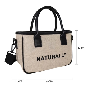 Sac à bandoulière 2 en 1 en jute et coton, sac à main populaire pour femme avec fermeture éclair, petite pochette, sac pour téléphone portable en cuir PU - Product Image 5