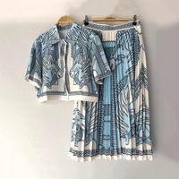 Ensemble deux pièces pour femme : chemise courte en coton à manches trois-quarts à imprimé géométrique vintage et jupe plissée taille haute au-dessus du genou avec poches