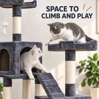 Arbre à chat compact gris avec niche fermée, poteaux en sisal et anneau suspendu