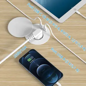 EU Circular Desktop Grommet Socket with Waterproof Cover USB A+C Power Outlet