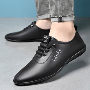 Chaussures de conduite en cuir pour hommes Lzhv, bout pointu, à lacets, semelle souple en caoutchouc, décontractées pour le printemps, noires - Product Image 1