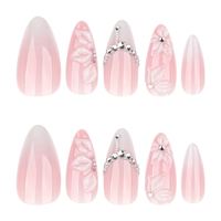 Uñas Postizas Francesas Blancas en Degradado 3D, Uñas Cortas en Forma de Almendra, Uñas con Diseño Floral, Material ABS, Producto Terminado