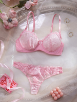 Set Lingerie Wanita Berkualitas Tinggi untuk Musim Panas, Seksi, dengan Kawat Penyangga dan Push-Up, Motif Bunga Pink, Bordir Renda, Bra dan Celana Dalam G-String, Bahan Bernapas