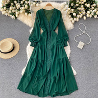Robe en dentelle de Style rétro pour femmes, col en v, taille haute, amincissante, simple boutonnage, manches longues, Maxi, 2023