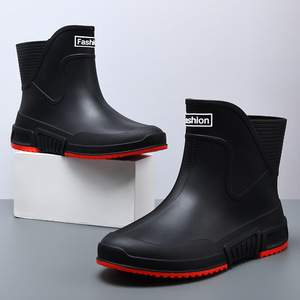 Bottes de pluie pour femmes, blanches et rouges, à talon bas, imperméables, antidérapantes, toutes saisons, couleur unie, style 9688 - Product Image 2