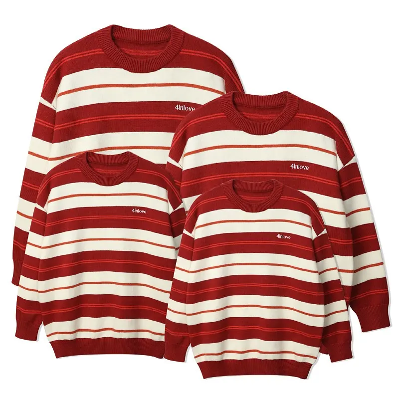 Wholesale Parent child outfit autumn and winter thick red striped sweater knitted pullover family matching clothing