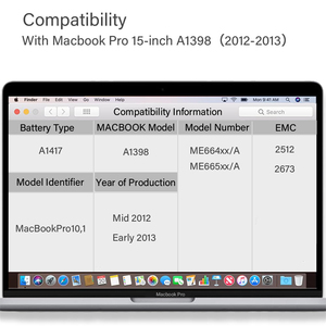 Reemplazo de batería ternaria A1417 A1398 para <span class=keywords><strong>MacBook</strong></span> <span class=keywords><strong>Pro</strong></span> <span class=keywords><strong>15</strong></span> pulgadas portátil modelo A1398 mediados de 2012/principios de <span class=keywords><strong>2013</strong></span> EMC 2512/2673 Stock 12 - Product Image 2