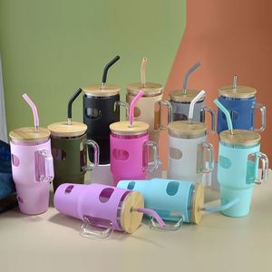 Road Trip Handled Glass Water Cup 32oz Shock Absorbing Silicone Cover Complete Bamboo Lid Metal Straw Kit for Outdoor Use - Product Image 1
