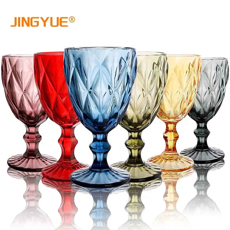 Wholesale Vintage Glassware Classic 220ml 7.7oz Diamond Pattern Crystal Embossed Color Wine Glass for Party Wedding