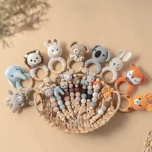 2PC Wooden Baby Lion Rattle Crochet Animal Pacifier Chain For Newborn Baby Early Grips Development Thanksgiving Gifts