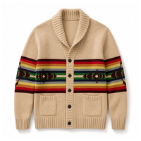Suéter Cárdigan con Cuello Chal para Hombre, 100% Poliéster, Jacquard Geométrico a Rayas, Botones al Frente, Ropa de Punto de Invierno, Venta al Por Mayor