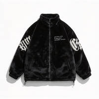 Blouson Bomber Unisexe Noir en Fausse Fourrure Coupe Slim Col Montant Zippé Écologique Imperméable Streetwear Rembourré Décontracté