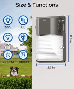 Mini projecteur mural avec cellule photoélectrique 30W/25W/18W 5000K Lumière du jour 120-277V Sécurité Extérieur Projecteur mural LED - Product Image 6