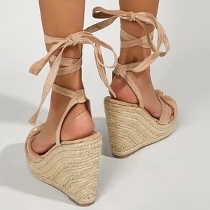 Design de fabricant personnalisé mode d'été <span class=keywords><strong>à</strong></span> lacets talon haut couleur abricot plate-forme noeud avant jambe Espadrille sandales <span class=keywords><strong>compensées</strong></span> - Product Image 4