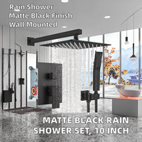Système de douche mural noir mat à trois poignées avec pommeau de douche carré de 10 pouces, mitigeur de pluie et ensemble de robinetterie murale