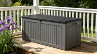 Boîte de rangement extérieure moderne de 103 gallons |   Boîte de rangement en résine verrouillable résistante aux UV pour coussins, outils, jouets d'enfants et colis