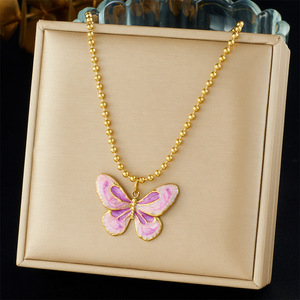 Butterfly Pendant Necklace Stainless Steel Pink Purple Enamel Chain Gift Jewelry - Product Image 1