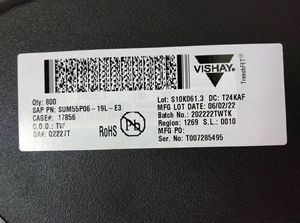 New SUM55P06-19L-E3 55A 60V Surface Mount TO263 <strong>P</strong> Channel MOS <strong>FET</strong> - Product Image 2
