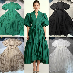 Robe midi élégante vert émeraude à manches bouffantes avec dentelle et ceinture, style bohème décontracté pour femme, idéale pour les fêtes, ODM - Product Image 2