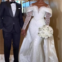 Nouvelle Robe de Mariée Style Européen et Américain, Épaules Dénudées, Paillettes, Manches Longues, Traîne Élaborée, Robe de Mariée Principale