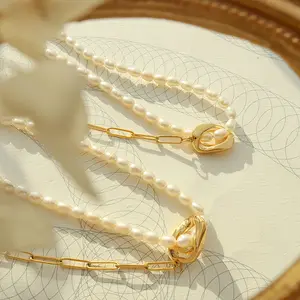 Leichte Luxus-Süßwasserperlen-Spleiß kette mit 18 Karat Gold vergoldeter Halskette aus kaltem und würzigem Mädchen