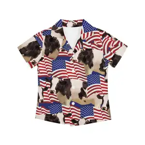 Farm Animal Cow US Flag Kids Shirt Casual Travel Vacation Patriotic Shirt Customized Quality Button Shirt Short Sleeve Wholesale