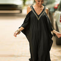Nouvelle robe de plage à col en V et bordure dorée, style épaules dénudées, ample et grande taille, idéale pour les vacances, haut de bikini, vêtement de protection solaire