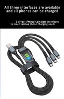 Câble USB 3-en-1 de 1,2 m vers Type-C/Micro avec charge rapide 3A, lumière nocturne, tressé en nylon pour appareil photo et ordinateur