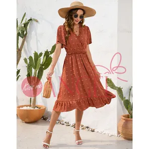 KISS ME ANGEL sale products V-neck high-waist lace-up dress Hairball short-sleeved dress casual holiday travel skirt dress