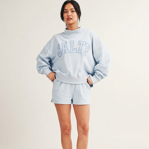 Women's Oversized <b>Light</b> Blue Crew Mock <b>Neck</b> Sweatshirt 100% Cotton Long Drop-Shoulder Full Sleeve Knitted - Product Image 1