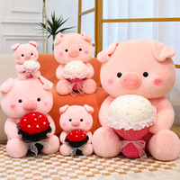 Peluche cochon rose mignon tenant un bouquet de fleurs rouges, poupée cochon en peluche douce, cadeau de la Saint-Valentin ou de la fête des mères pour fille ou maman