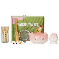 NEWELL Nouveau Set de Bol à Matcha en Céramique Motif Chat Mignon avec Support pour Fouet à Thé Outil de Préparation du Thé Japonais