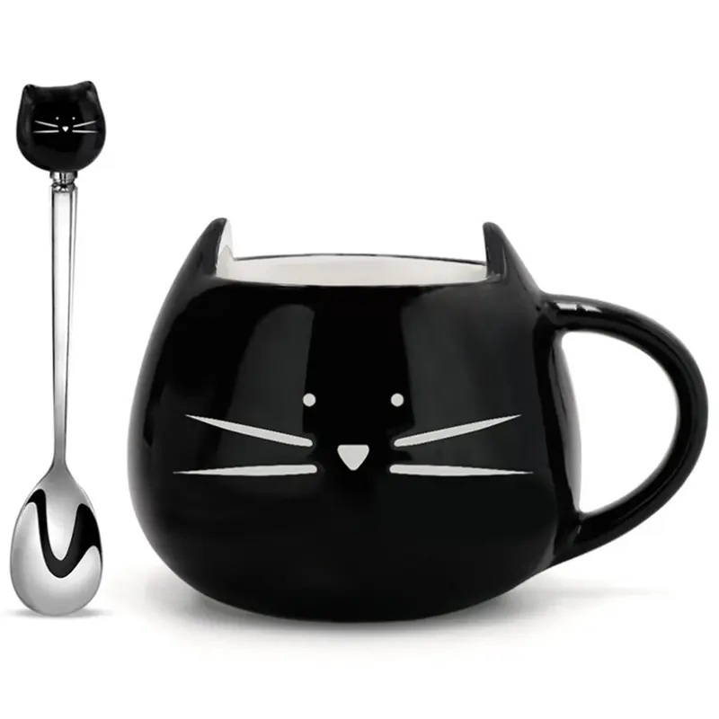 UCHOME Creative Gift Cartoon Black And White Ceramic Cat Mug With Funny Cat Spoon 12 oz Ceramic Tea Coffee Mug Cup