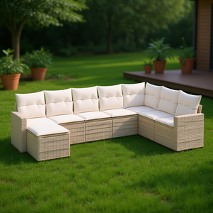 Ensemble de canapés de jardin beige crème blanc en rotin, mobilier d'extérieur, coussins imperméables, design contemporain - Product Image 2