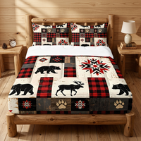 Parure de lit rustique style campagnard avec motif patchwork à carreaux buffle et ours, drap-housse zippé et 2 taies d'oreiller