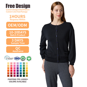 Custom Luxury Casual Office Knitwear Black Round Neck Button-Down Sweater with Pockets Women's 100% Cotton Knit <b>Cardigan</b> - Product Image 2