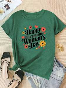 T-shirt per la festa internazionale della donna, per donna, manica corta, girocollo, stampa floreale, 100% cotone, stile casual primaverile - Product Image 3