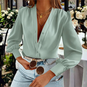 Chemisier en satin à manches longues et col en V pour femme, manches bouffantes, boutonné, couleur unie, haut décontracté, à porter au printemps et en été - Product Image 2