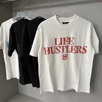Life Hustlers Atasan Lengan Pendek Katun Murni Tren Pasangan Kecil dengan Cetakan Huruf Dasar Warna Solid