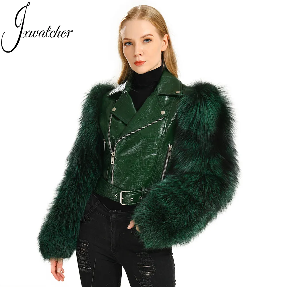 Real Fox Fur Sleeves Bubble Genuine Sheepskin Jacket Luxury Whole Skin Women Cropped Custom Motorcycle Leather Jackets with Fur