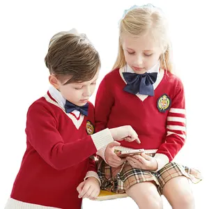 Printemps et automne enfants maternelle primaire collège uniforme col en v tricoté Cardigan pull veste