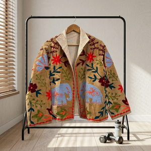 Wholesale Handmade <b>Velvet</b> Elephant Embroidered <b>Jacket</b> <b>Women</b> Boho Winter Short Coat Ethnic Casual Striped Lining Outerwear - Product Image 4