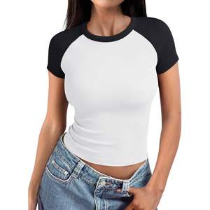 Trendy 2025 Queen Womens Cute Slim Outfits Summer Crop Top Cuello redondo acanalado Manga corta Cute Raglan Sleeve Top Camisetas sin mangas para mujer - Product Image 1