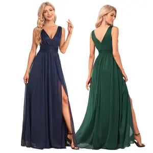 TW00059 Último diseño de vestidos de noche de lujo de gasa brillante con cuello en V A-line vestidos de dama de honor Split vestido de fiesta hasta el suelo