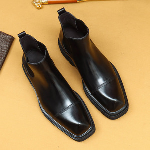Bottes Chelsea pour hommes, trois œillets, semelle épaisse, cuir véritable, hauteur mi-mollet, style rétro britannique - Product Image 2